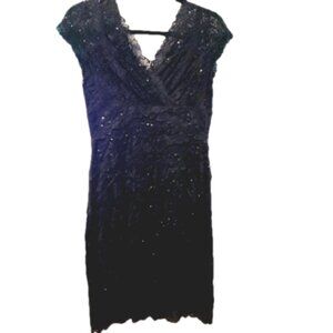 Le Chateau Black Lace Sequin Sparkle Dress Cap Sleeve V Neck Above Knee Small